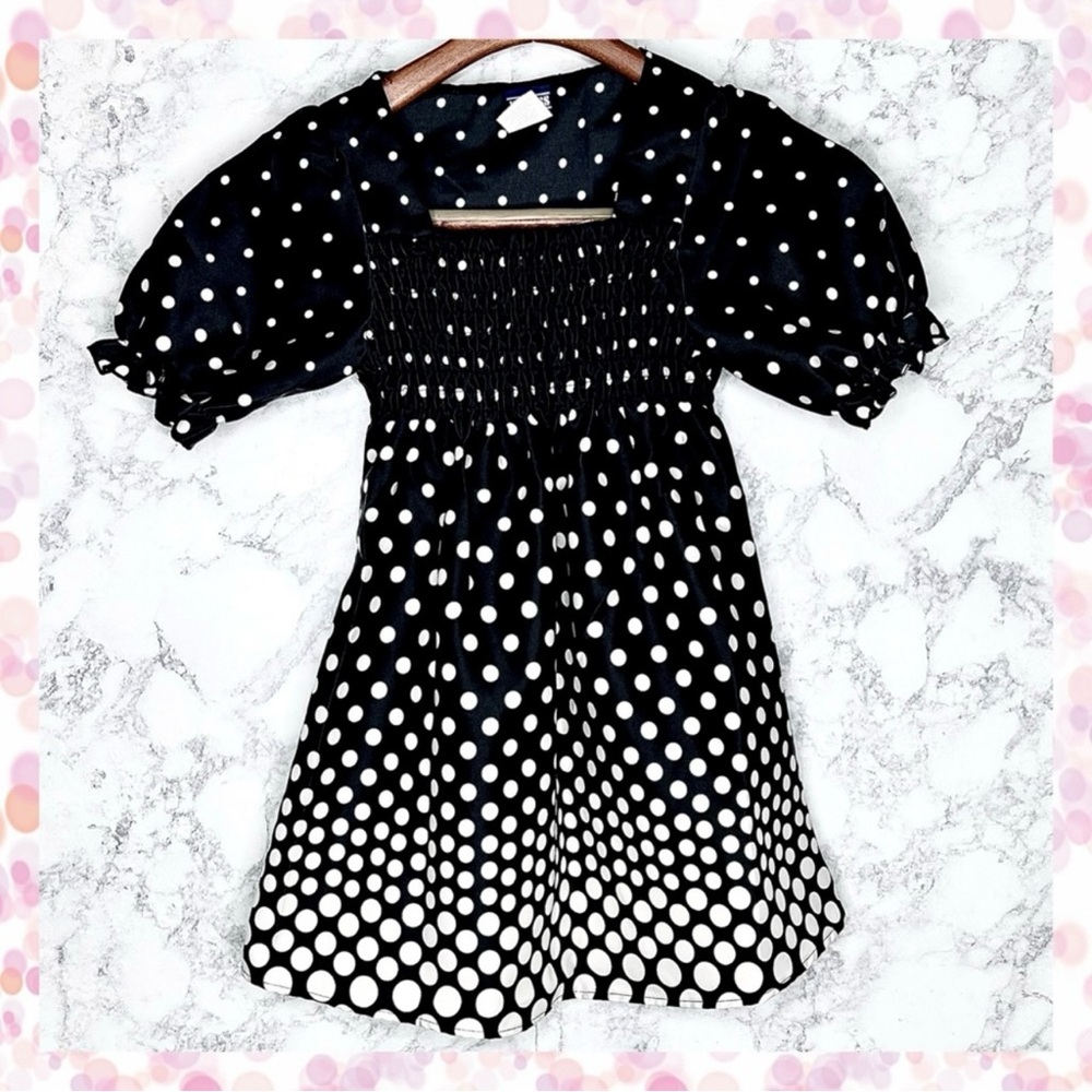 ID Tags Girls 90s Polka Dot Smocked Black & White Puff Sleeve Blouse Size Large
